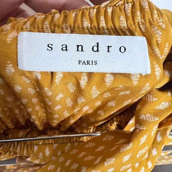 Sandro Paris Halter Tiered Midi Dress S Pom Pom Trim Marigold Block Print - Picture 7 of 8